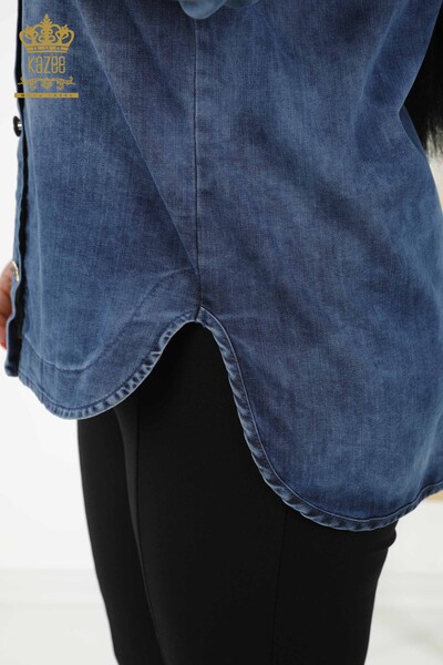 Wholesale Women's Denim Shirt - Bead Detailed - Blue - 20374 | KAZEE - Thumbnail