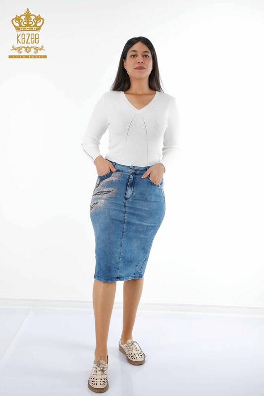 Wholesale Women's Denim Skirt Colored Stone Embroidered Patterned Viscose - 4185 | KAZEE