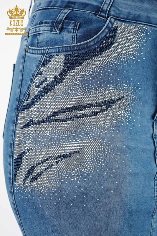 Wholesale Women's Denim Skirt Colored Stone Embroidered Patterned Viscose - 4185 | KAZEE