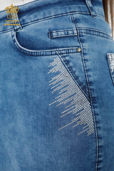 Wholesale Women's Denim Skirt Crystal Stone Embroidered Pocket Detailed - 4179 | KAZEE - Thumbnail