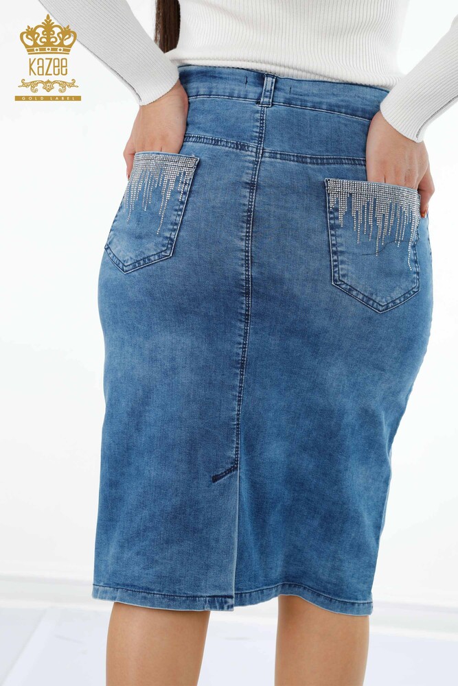 Wholesale Women's Denim Skirt Crystal Stone Embroidered Pocket Detailed - 4179 | KAZEE - 5
