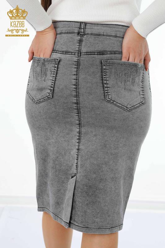Wholesale Women's Denim Skirt Crystal Stone Embroidered Pocket Detailed - 4179 | KAZEE