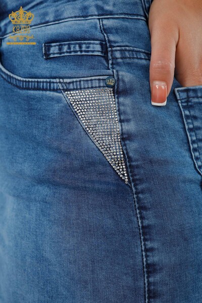 Wholesale Women's Denim Skirt Crystal Stone Embroidered Pocket Lettering Embroidered - 4182 | KAZEE - Thumbnail