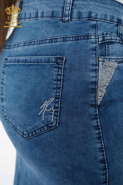 Wholesale Women's Denim Skirt Crystal Stone Embroidered Pocket Lettering Embroidered - 4182 | KAZEE - Thumbnail