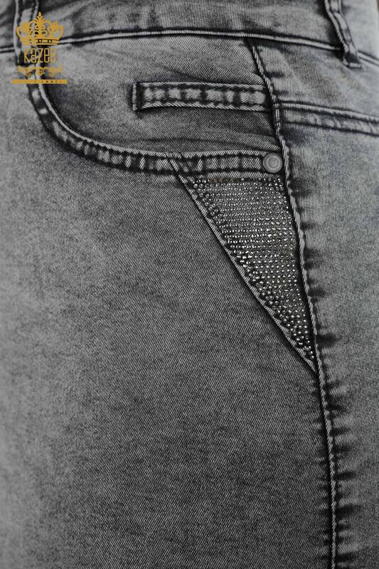Wholesale Women's Denim Skirt Crystal Stone Embroidered Pocket Lettering Embroidered - 4182 | KAZEE
