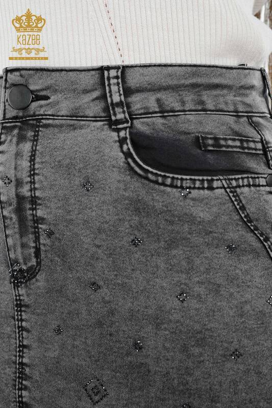 Wholesale Women's Denim Skirt Patterned Stone Embroidered Pocket Detailed - 4183 | KAZEE