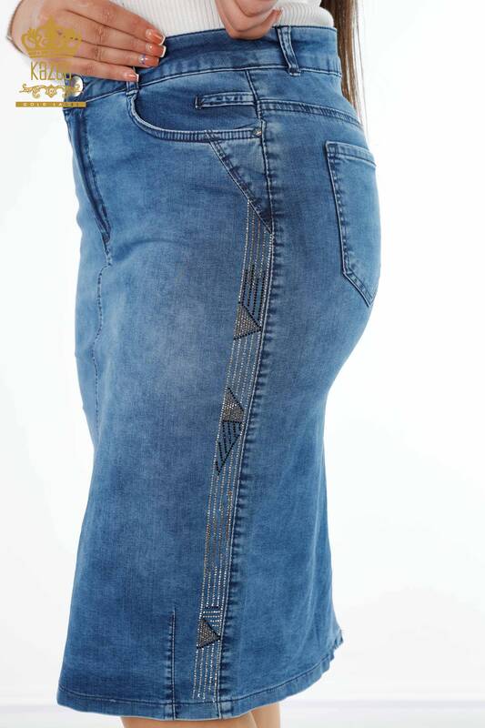 Wholesale Women's Denim Skirt Side Stripe Patterned Stone Embroidered - 4184 | KAZEE