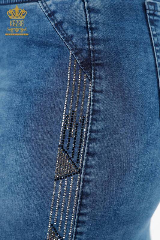 Wholesale Women's Denim Skirt Side Stripe Patterned Stone Embroidered - 4184 | KAZEE