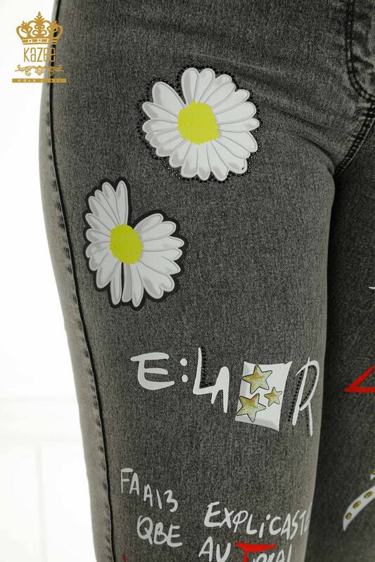 Wholesale Women's Jeans - Daisy Patterned - Anthracite - 2412-0330 | M&N