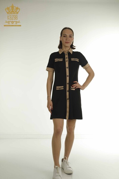 Kazee - Wholesale Women's Dress Button Detailed Black Camel - 17701 | KAZEE