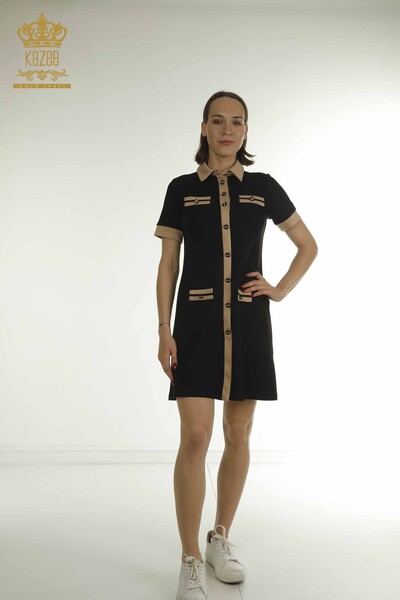 Wholesale Women's Dress Button Detailed Black Camel - 17701 | KAZEE - Kazee