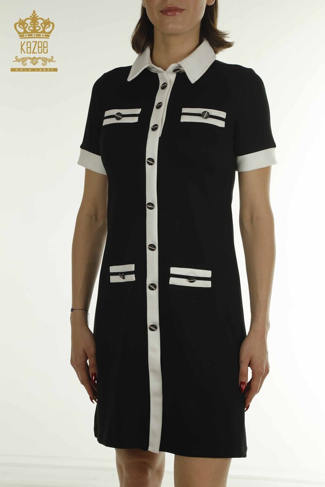Wholesale Women's Dress Button Detailed Black and White - 17701 | KAZEE - 5