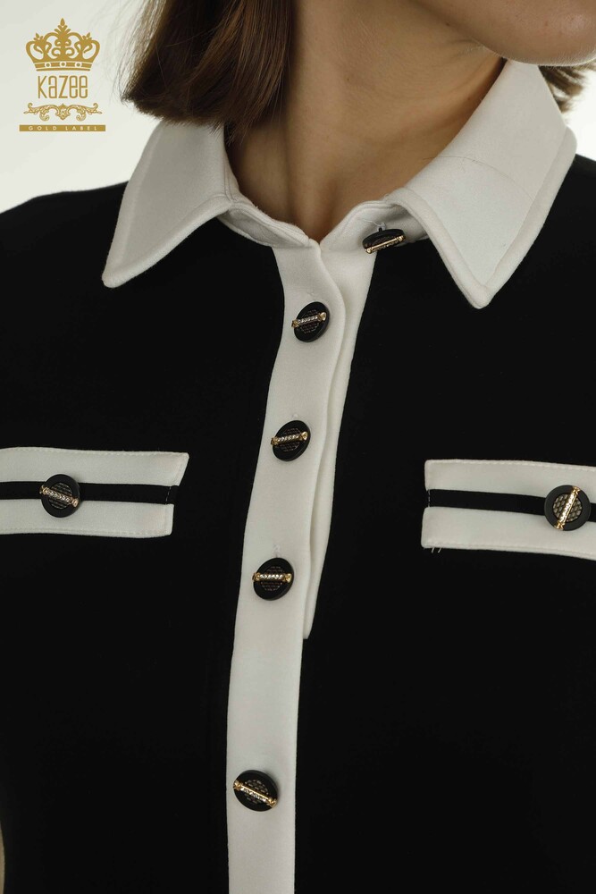 Wholesale Women's Dress Button Detailed Black and White - 17701 | KAZEE - 6