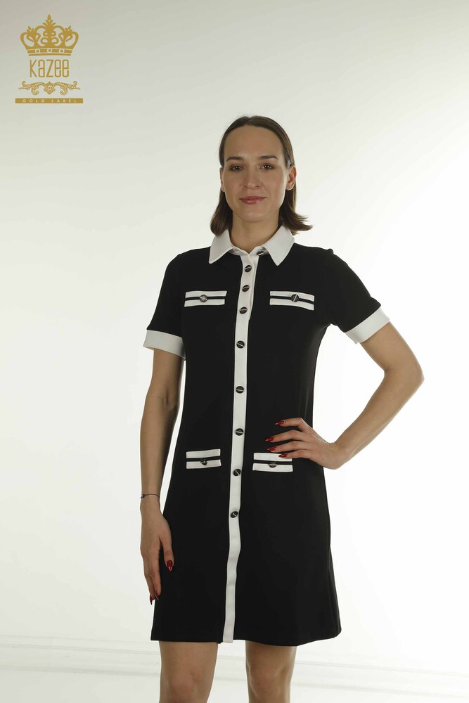 Wholesale Women's Dress Button Detailed Black and White - 17701 | KAZEE - 2