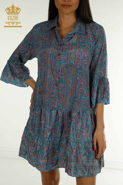 Wholesale Women's Dress Button Detailed Blue - 2404-Style-32 | D - Thumbnail