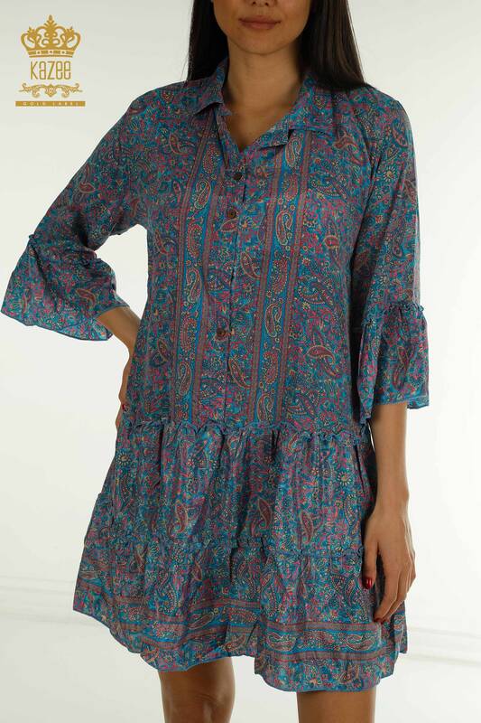 Wholesale Women's Dress Button Detailed Blue - 2404-Style-32 | D