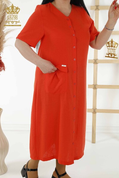 Wholesale Women's Dress - Button Detailed - Orange - 20383 | KAZEE - Thumbnail