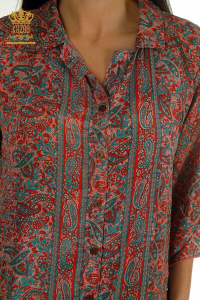 Wholesale Women's Dress Button Detailed Red - 2404-Style-32 | D - Thumbnail