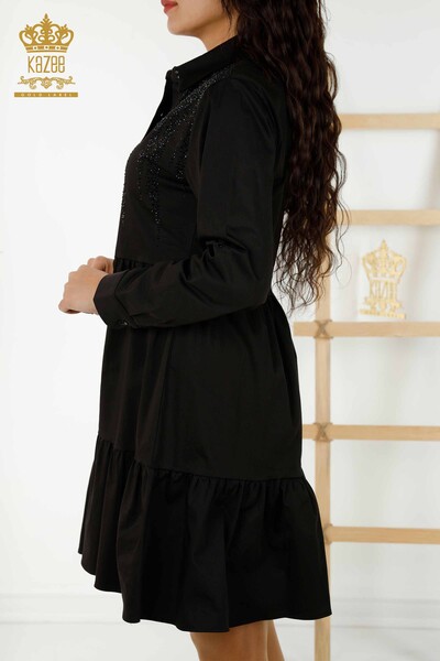 Wholesale Women's Dress - Buttoned - Stone Embroidered - Black - 20229 | KAZEE - Thumbnail