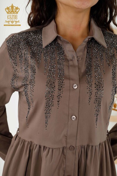 Wholesale Women's Dress - Buttoned - Stone Embroidered - Brown - 20229 | KAZEE - Thumbnail