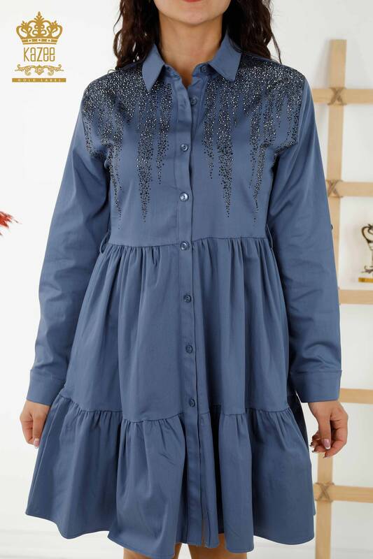 Wholesale Women's Dress - Buttoned - Stone Embroidered - Indigo - 20229 | KAZEE