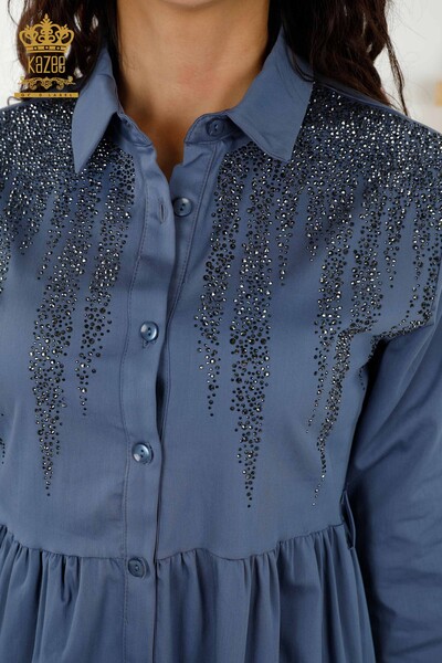 Wholesale Women's Dress - Buttoned - Stone Embroidered - Indigo - 20229 | KAZEE - Thumbnail