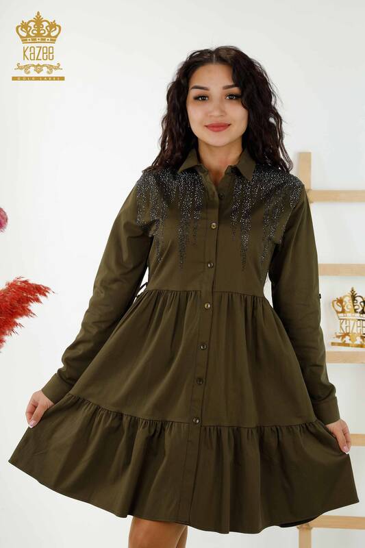 Wholesale Women's Dress - Buttoned Stone Embroidered - Khaki - 20229 | KAZEE