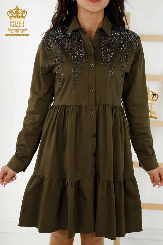 Wholesale Women's Dress - Buttoned Stone Embroidered - Khaki - 20229 | KAZEE