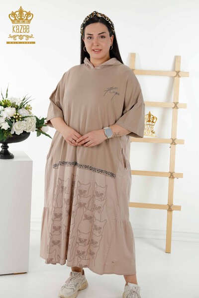 Wholesale Women's Dress Cat Pattern Hooded Beige - 20330 | KAZEE - Thumbnail