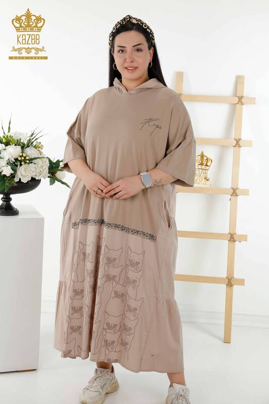Wholesale Women's Dress Cat Pattern Hooded Beige - 20330 | KAZEE