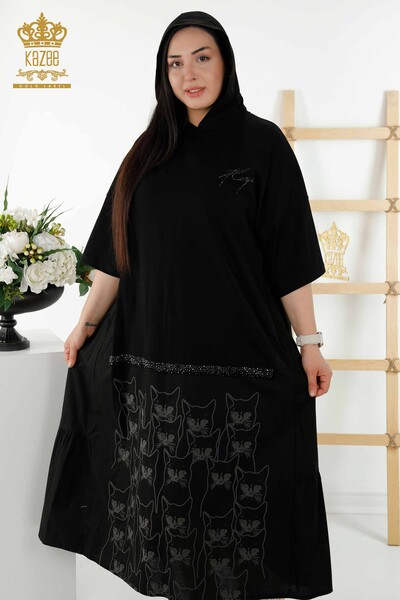 Wholesale Women's Dress Cat Pattern Hooded Black - 20330 | KAZEE - Thumbnail