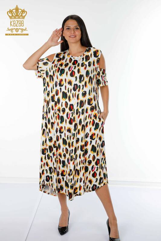 Wholesale Women's Dress Colored Leopard Pattern Ecru - 77794 | KAZEE