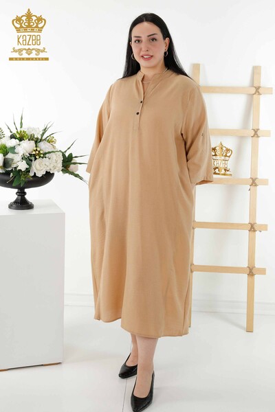 Wholesale Women's Dress - Half Button Detailed - Beige - 20384 | KAZEE - Thumbnail