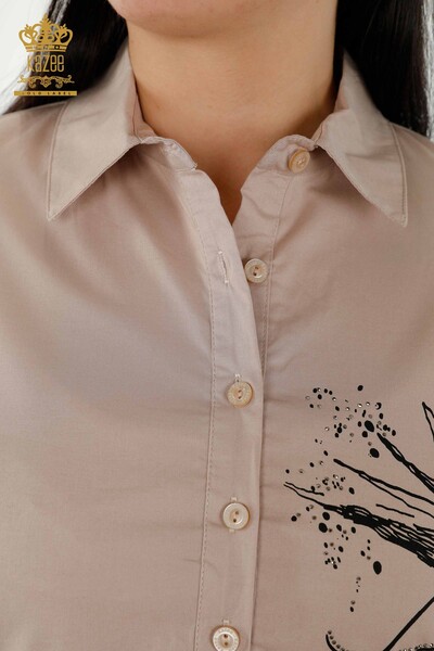 Wholesale Women's Dress - Patterned Button Detailed Beige - 20324 | KAZEE - Thumbnail