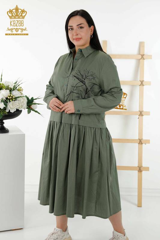 Wholesale Women's Dress Patterned Button Detailed Khaki - 20324 | KAZEE