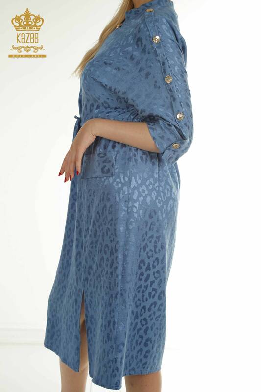 Wholesale Women's Dress with Sleeve Button Detail Blue - 2403-5050 | M&T