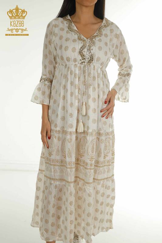 Wholesale Women's Dress Stone Embroidered Beige - 2404-1111 | D