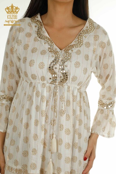 Wholesale Women's Dress Stone Embroidered Beige - 2404-1111 | D - Thumbnail