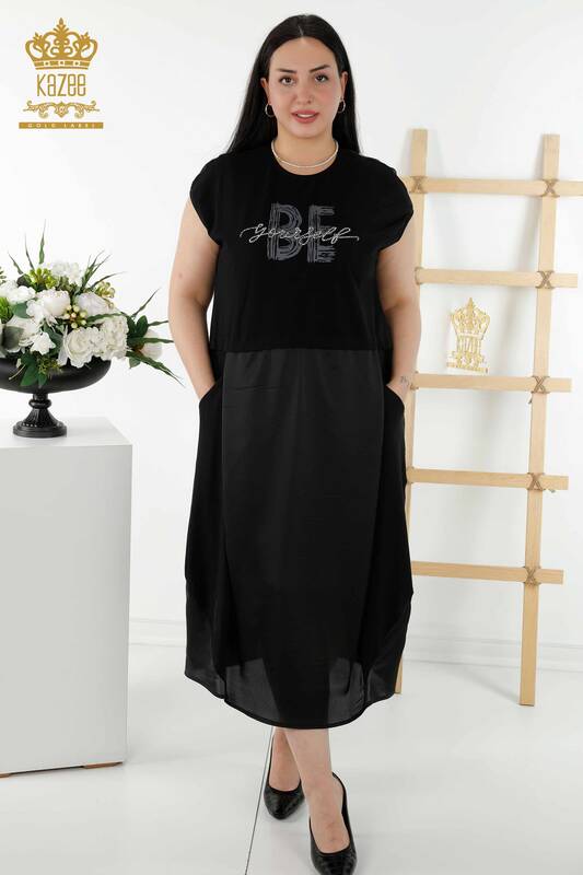 Wholesale Women's Dress - Stone Embroidered Pocket - Black - 20368 | KAZEE