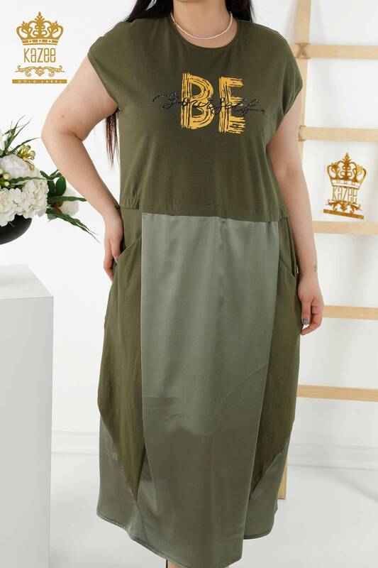 Wholesale Women's Dress - Stone Embroidered Pockets - Khaki - 20368 | KAZEE
