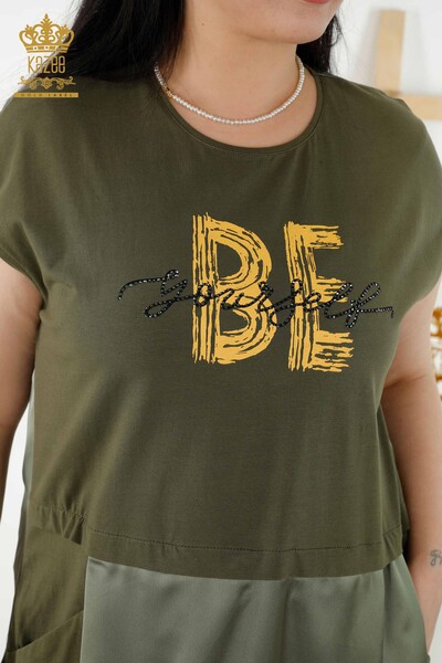 Wholesale Women's Dress - Stone Embroidered Pockets - Khaki - 20368 | KAZEE - 3