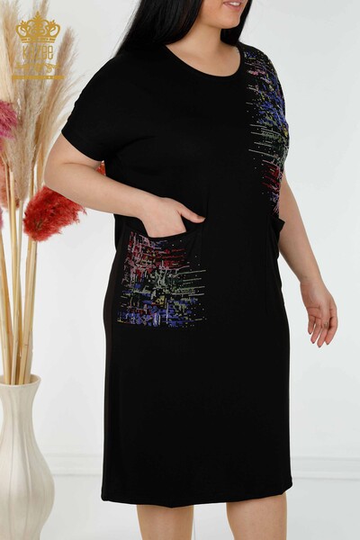 Wholesale Women's Dress With Pocket Stone Embroidered Black - 7743 | KAZEE - Thumbnail (2)