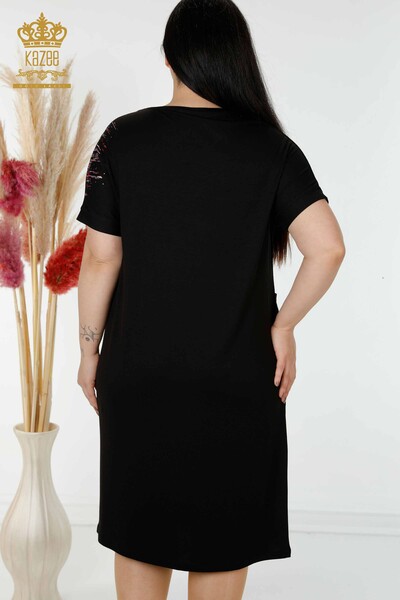 Wholesale Women's Dress With Pocket Stone Embroidered Black - 7743 | KAZEE - Thumbnail