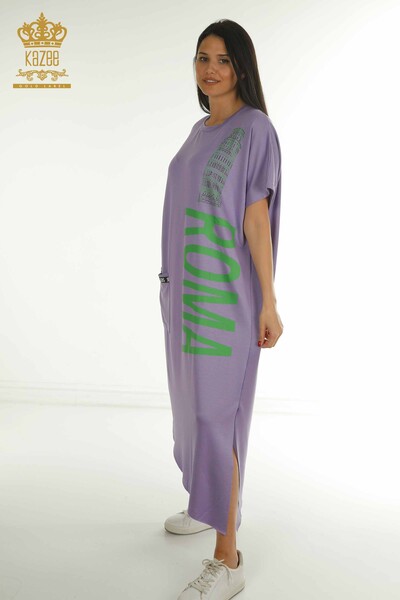 Wholesale Women's Dresses with Text Detail Lilac - 2402-231046 | S&M - Thumbnail