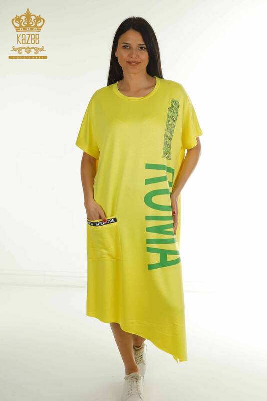 Wholesale Women's Dress Yellow with Text Detail - 2402-231046 | S&M