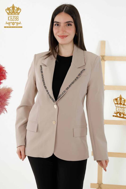 Wholesale Women's Jacket - Buttoned - Tiger Pattern Beige - 20292 | KAZEE
