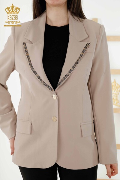 Wholesale Women's Jacket - Buttoned - Tiger Pattern Beige - 20292 | KAZEE - Thumbnail (2)