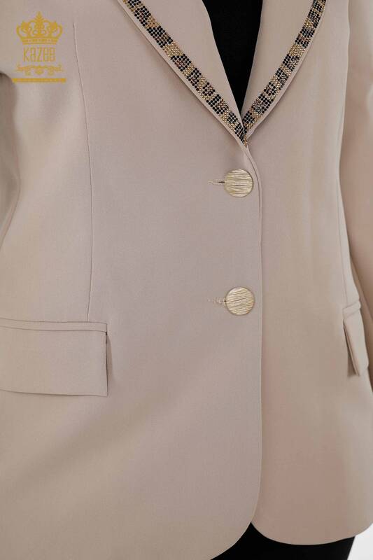 Wholesale Women's Jacket - Buttoned - Tiger Pattern Beige - 20292 | KAZEE