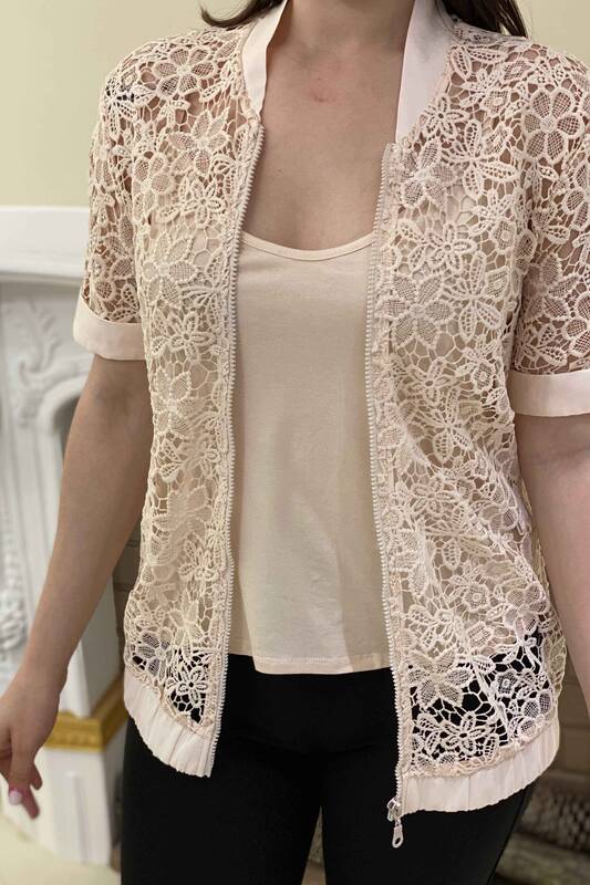 Wholesale Women's Jacket With Floral Embroidered Lace Zippered - 17173 | KAZEE