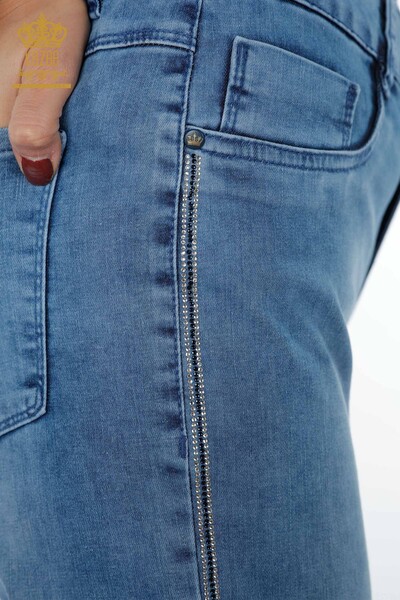 Wholesale Women's Jeans With Pocket Detailed Stripe Crystal Stone - 3556 | KAZEE - Thumbnail